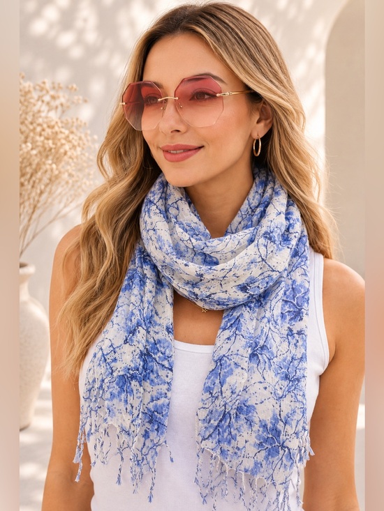 Accessories - Blue & White Splash Art Scarf 100% Viscose with Fringe